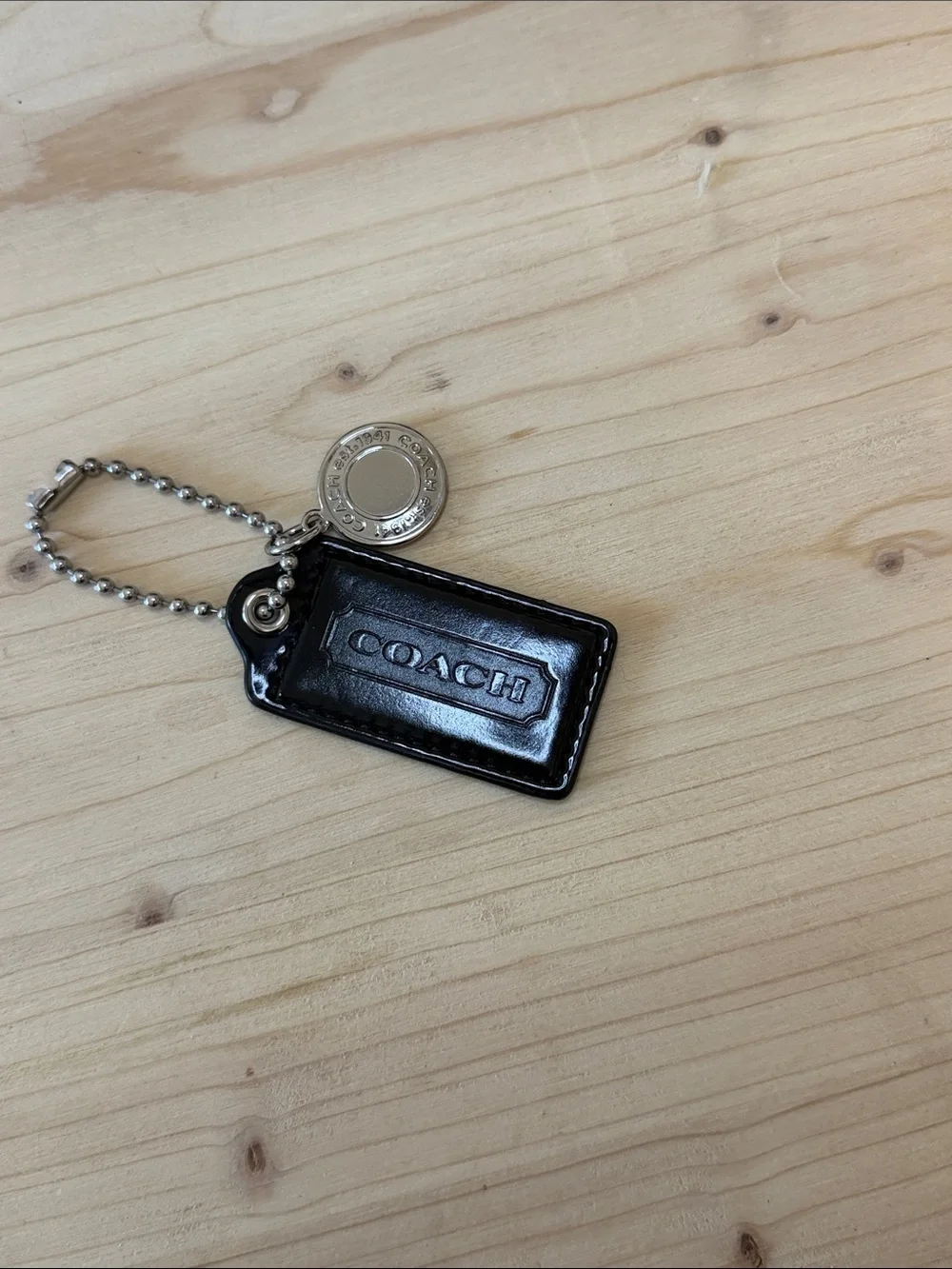Coach Black Patent Leather Tag Keychain with Silver-Tone Charm